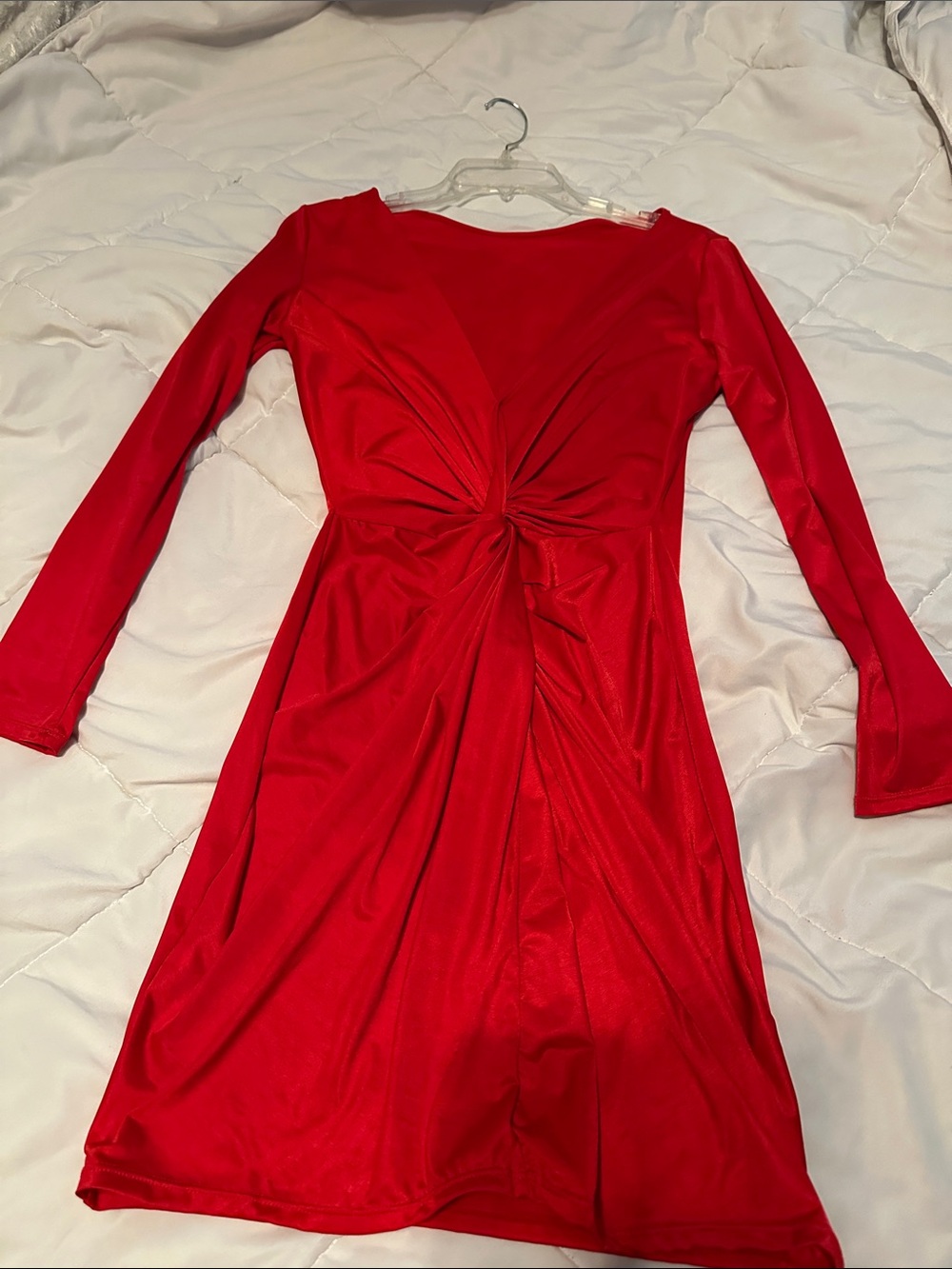 Sleek Red Twist-Front Long Sleeve Dress